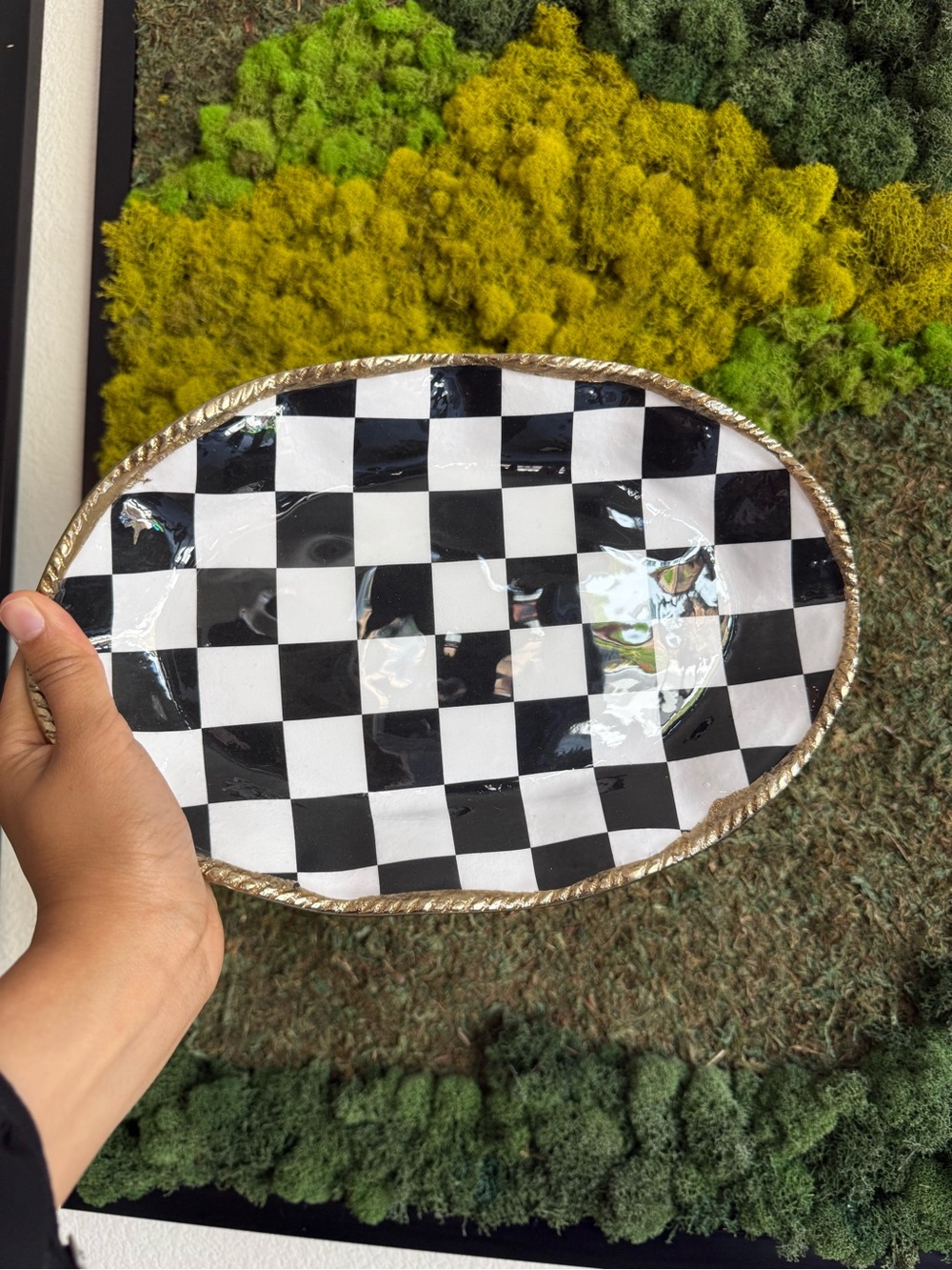 T.J.Maxx Black and White Checkered Oval Decorative Tray